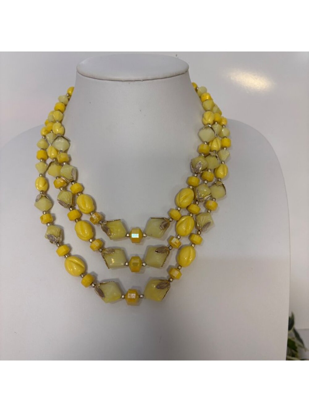 Vintage Multi-Strand Yellow Beaded Necklace Gold-Tone Accents Statement Jewelry